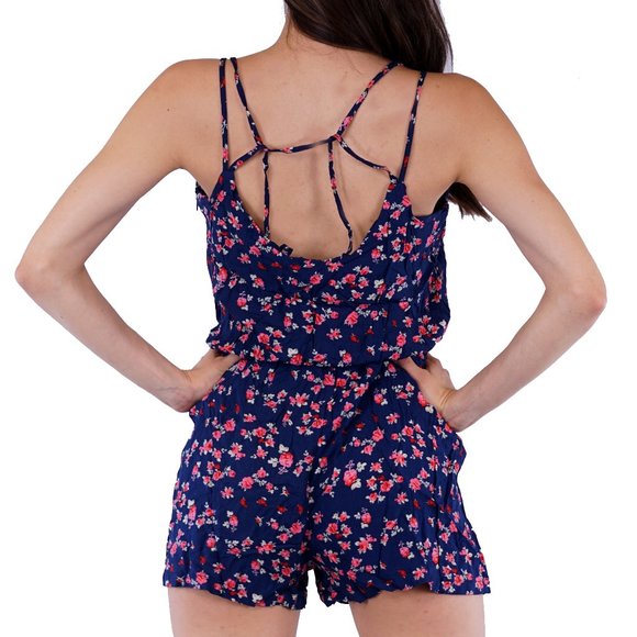Sumer Floral Romper Shorts Strappy Back Spaghetti Straps Elastic Waist - Picture 3 of 8